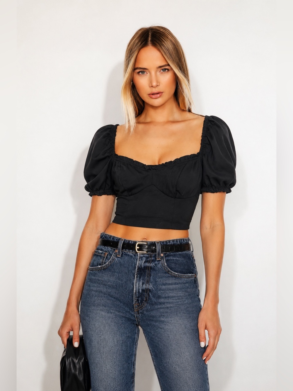 House of Harlow Black Puff Sleeve Linen/Rayon Smocked Crop Top